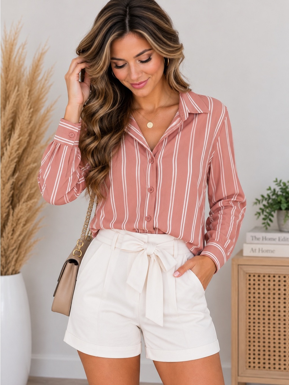 SHEIN Dusty Rose Striped Button Down Blouse | Size Small | NWOT